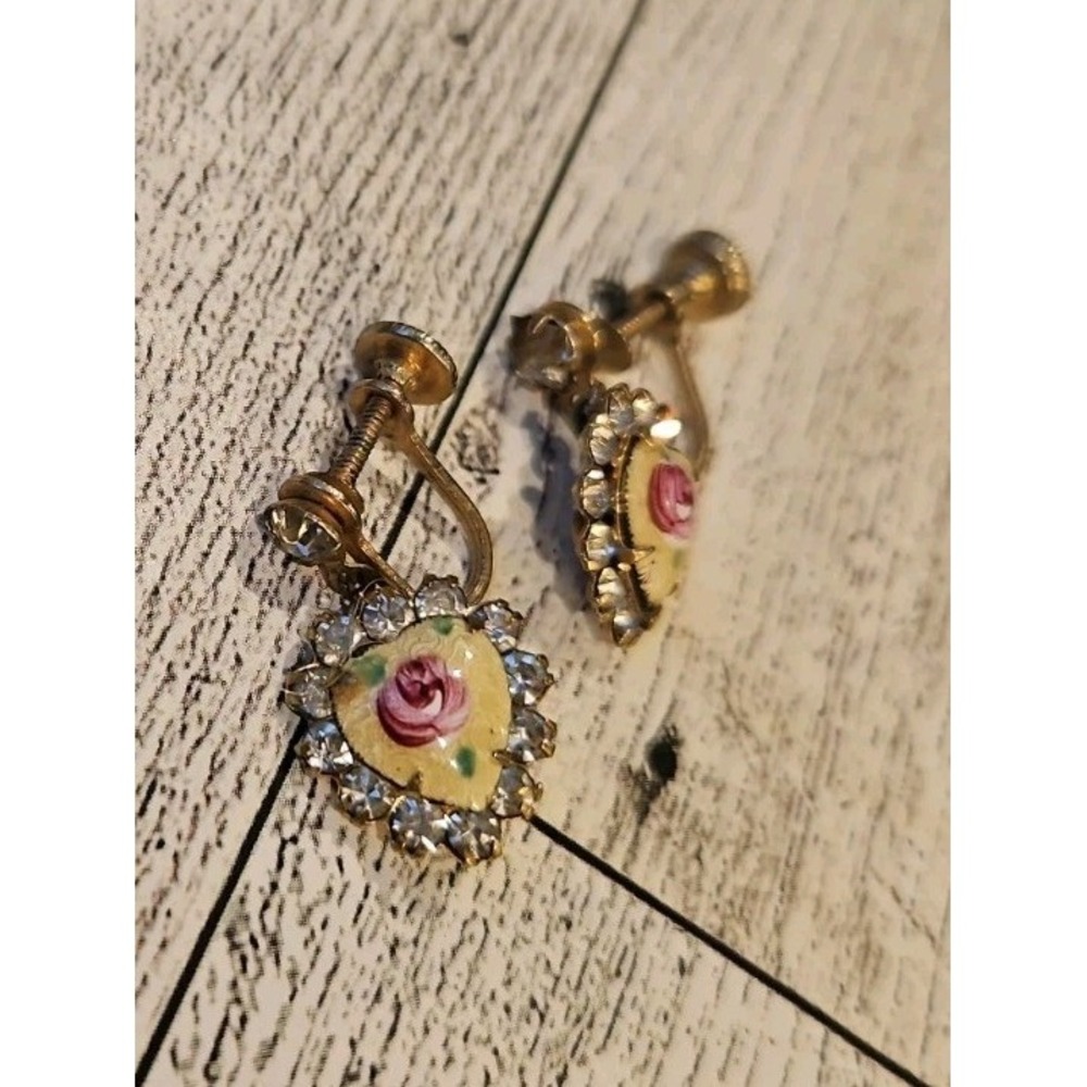 Vintage Guilloche Enamel Pink Rose Rhinestone Pin/Earrings Set Cottagecore